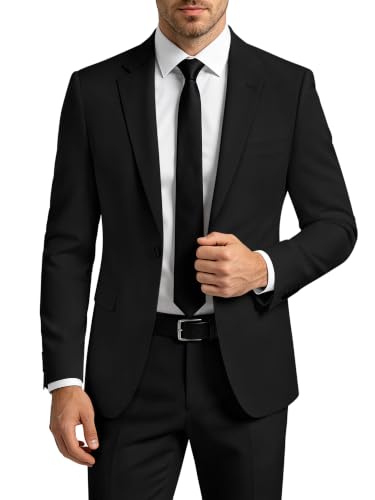 LORENZO BRUNO Mens Suit 2 Piece Black Suits for Men One Button Slim Fit Solid Jacket & Pants Tuxedo Set Business Wedding Party, Black, M