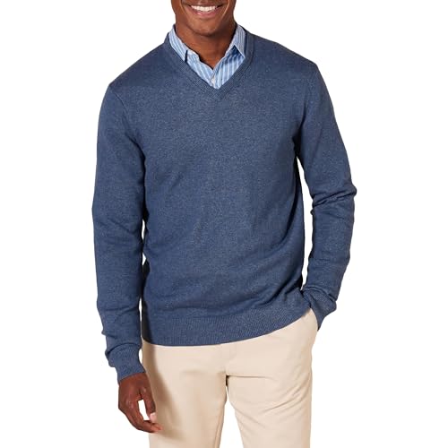 Amazon Essentials Men's Regular Fit Cotton V-Neck Pullover Sweater (Available in Big & Tall), Blue Heather, Large