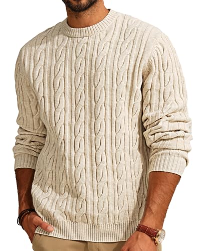 PJ PAUL JONES Mens Sweater Crewneck Cable Knit Pullover Apricot L