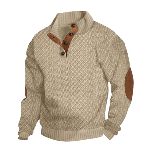QOSOQ Men's Casual Sweatshirt Pullover Sweater Casual Long Sleeve Stand Collar Quarter Button Sweaters Khaki