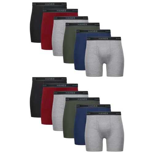 Hanes Men's Boxer Brief Underwear, Cotton Boxer Briefs, Moisture-Wicking, Assorted Solids, 12-Pack