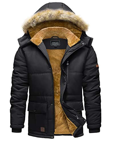 TACVASEN Winter Coat for Men with Hood Water Repellent Heavy Windbreaker Warm Fleece Hiking Ski Jacket Black