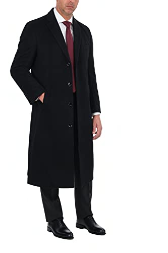 ARTHUR BLACK Mens Single Breasted Wool Cashmere Full Length Overcoat Long Coat - Black 44L