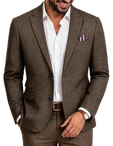 Men's Herringbone Tweed Blazer 2 Button Wool Blend Sport Coat Jacket Brown Herringbone XL