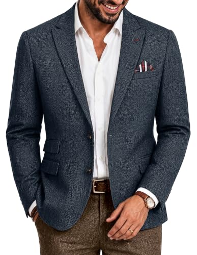Men's Irish Tweed Wool Blend Blazer Peak Lapel Business Herringbone Tweed Sport Coat Wedding Dark Blue Herringbone L