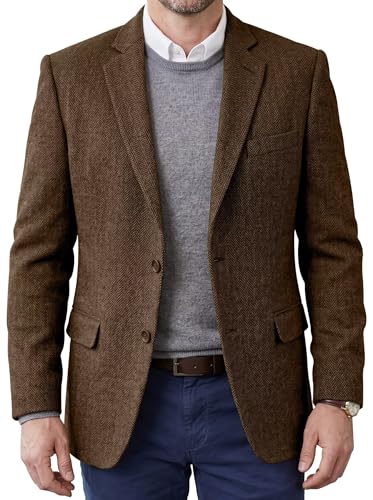 Mrbuerly Men Herringbone Tweed Blazer Brown Men Jacket Wool Blend Coat XXXL