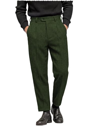 Men's Tweed Pants Herringbone Thick Wool Pleated Front Dress Suit Vintage Trousers (Army Green, 32W x 32L)