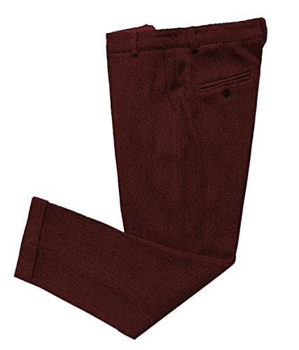 Mens Vintage Herringbone Tweed Mens Business Suit Pants Thick Retro Wool Slim Fit Trousers for Wedding Groomsmen(Burgundy,36)