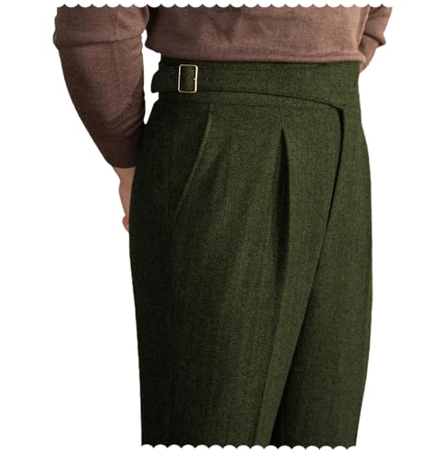 Men Trousers Vintage Tweed Blend Pants Herringbone Slim Fit Pleat-Front Pant ArmyGreen30W×32L