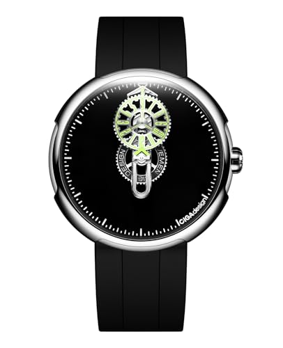 CIGA Design Wandering Hour Automatic Mechanical Watch, Time Cipher, 45MM Round Steel Case, Super-Black Dial, Super Luminova, Fluororubber Strap Gifts for Men and Women