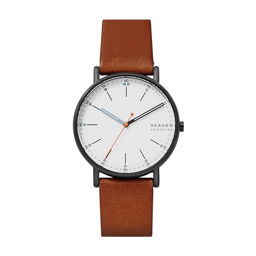 Skagen Men's Signatur Three-Hand Black Stainless Steel and Brown Leather Band Watch (Model: SKW6374)