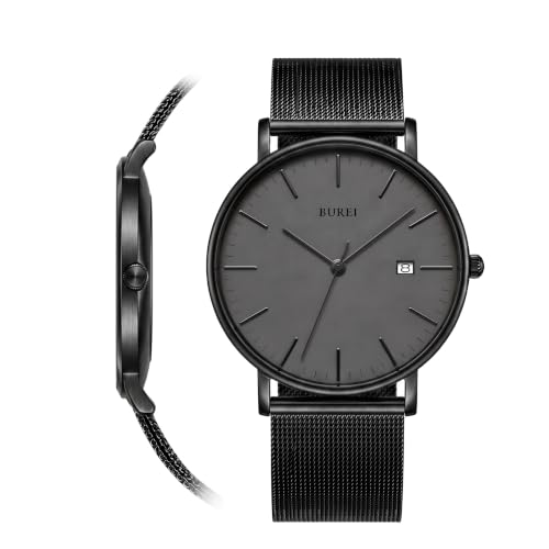 BUREI Ultra Thin Minimalist Men Watches, Leather or Stainless Steel Mesh Band, Analog Waterproof Casual Business Wristwatch, Gift for Father