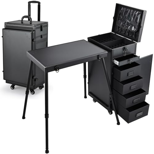 Joligrace Rolling Manicure Table 5 Drawers Makeup Case Foldable Nail Desk | Cosmetology Case on Wheels Nail Tech Table with Brush Pouch for Technician Workstation Mobile Makeup Artist Trolley Black