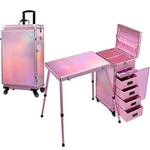 Joligrace Rolling Manicure Table 5 Drawers Makeup Case Foldable Nail Desk | Cosmetology Case on Wheels Nail Tech Table with Brush Pouch for Technician Workstation Mobile Makeup Artist Trolley Pink