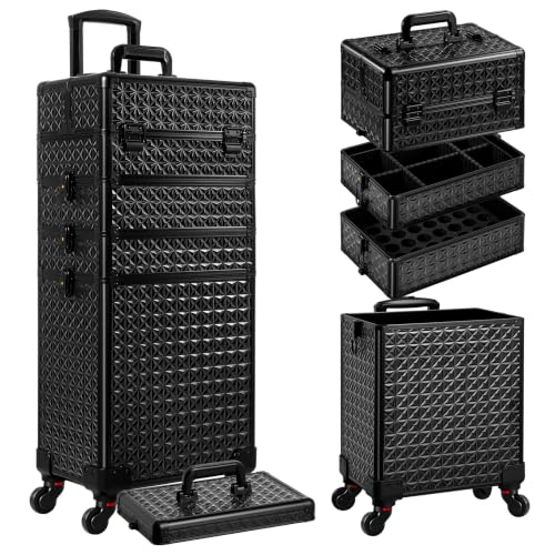 AROUS 5 in 1 Rolling Makeup Train Case with Lid Cosmetology Case on Wheels | Large Cosmetic Trolley Organizer with Keys Salon Barber Case Traveling Cart Trunk for Artist Hairstylists Nail Tech, Black