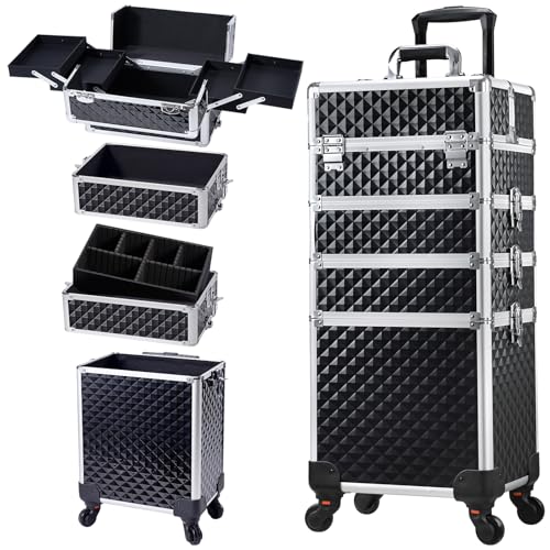 Stagiant Rolling Makeup Case Cosmetology Case on Wheels 4 in 1 Large Cosmetic Organizer Train Case Makeup Travel Case with Key Swivel Wheels Nail Artist Salon Storage Traveling Cart Trunk Black