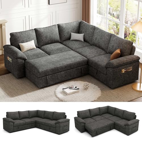 SUAWY 85 Inch Modular Sectional Sofa with Pull Out Bed,L Shaped 5 Seat Sectional Sleeper Sofa with Storage,Sectional Couches for Living Room,Cloud Modular Couch,Removable Sofa Cover, Dark Grey