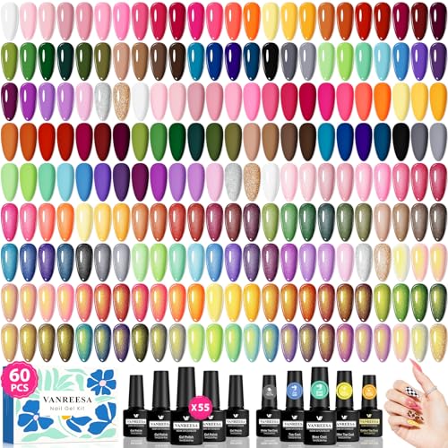 VANREESA 60 Pcs Gel Nail Polish Set, 55 Colors Gel Polish with Base Coat & 4 Effects Top Coat