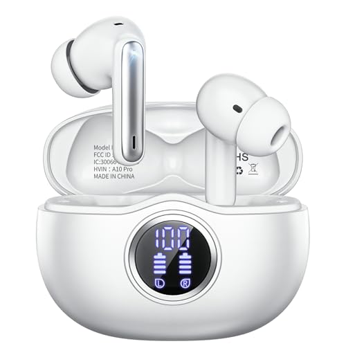 Fhumsh Wireless Earbuds, Bluetooth 5.3 Headphones HiFi Stereo 50H Playback LED Digital Display Ear Buds with ENC Noise Canceling Headset, IPX7 Waterproof Earphones for Gym/Running/Work（White）