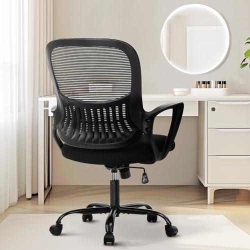 Sweetcrispy Home Office Managerial Executive Chair with Ergonomic Design, Mid-Back Mesh 360° Swivel, Comfortable Lumbar Support, Comfy Arms for Bedroom,Study,Student, Black