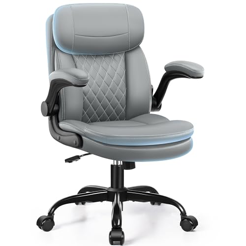 Leather Office Chair, Upgraded PU Computer Desk Chairs with Double-Layer Seat Cushion and Neckrest, 360°Swivel, Ergonomic Small Gaming Chair with Wheels and Adjustable Armrests for Short People, Grey