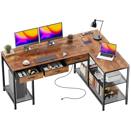 PRAISUN 55 Inch L Shaped Office Desk with Power Outlets and Type-C Port