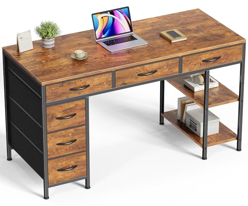 Huuger Computer Desk with 6 Drawers, Office Desk with Shelves, Reversible Gaming Desk