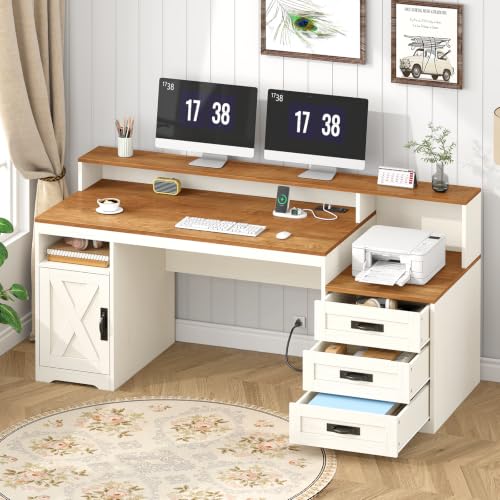 65 Farmhouse Computer Desk with Drawers and Printer Stand for Home Office