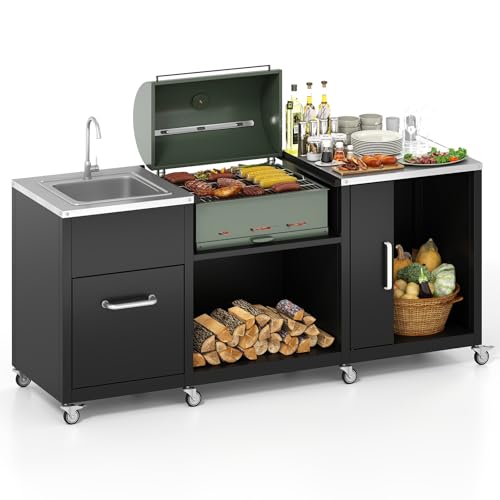 Happygrill 80” Outdoor Grill Table with Sink & Drainage, Wheels
