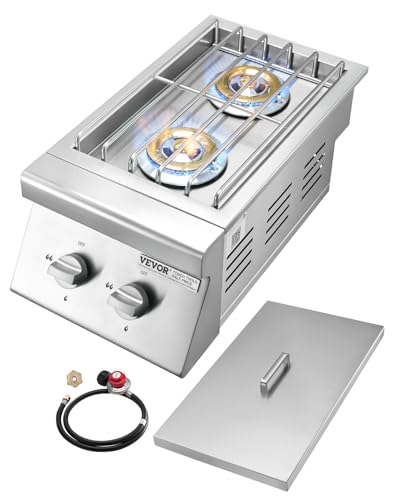 VEVOR Double Grilling Side Burners, 2 x 15,000BTU Liquid Propane Side Burner for Outdoor Kitchen, Convertible to Natural Gas, 304 Stainless Steel Built-in Double Grill Burners for BBQ Grill Island