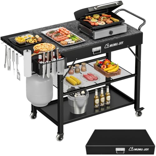 MUMU JOY Grill Cart, 19 inch,3 Tier Foldable Grill Table with Wheels 500 Lb