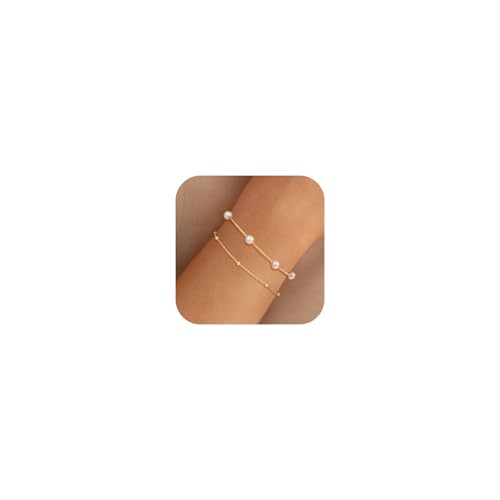 NECOCY Pearl Bracelet for Women Dainty, 14K Gold Plated Bracelet Stack