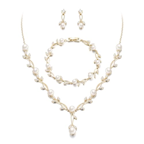 EVER FAITH Cubic Zirconia Pearl Leaf Wedding Jewelry Set for Bride Gold