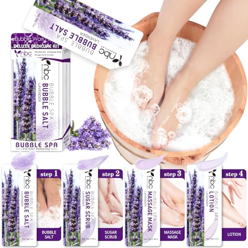 nbc BeautiLab Pedicure Kit Foot Soak Set: Bubble Salt, Sugar Scrub, Massage Mask, Massage Lotion in a Box, 4 Step Foot Spa Kit for Dry Feet,Tired Feet（1 Set Lavender)