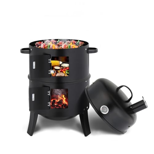 ROVSUN Upgraded 18 Inch Multi-Layer Charcoal Smoker Grill with Chimney, Heavy Duty Round Grill, Vertical Smoker with Thermometer, for Outdoor Cooking, Patio, Parties, Backyard BBQ