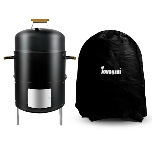 Joyagrill 17.5 Heavy duty smoker grill & BBQ cover Rack with 4 hooks wooden handles single door design Large capacity charcoal smoke BBQ XL for parties in backyard