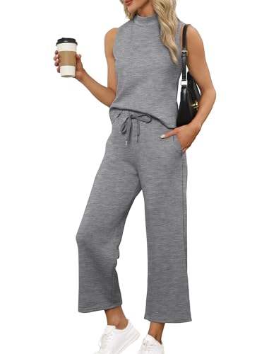 Sampeel Women 2 Piece Sets 2024 Casual Lounge Sets Matching Sets High Neck Tops Tracksuit Wide Leg Pants Lounge Set Cozy Travel Clothes Business Work Outfits Petite Grey L