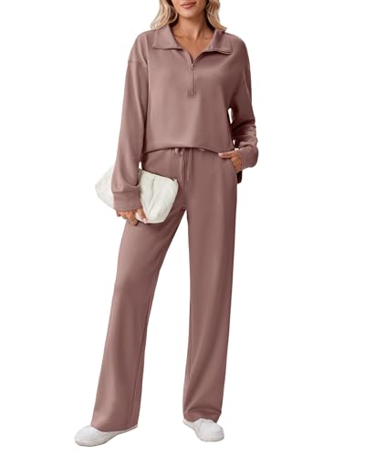 PINSPARK Sweat Suit for Women 2 Piece Set Drop Shoulder Sweatshirts Straight Leg Track Pants Casual Sweat Sets Loose Fitted Tracksuit Fall 2026 Fashion, Taupetastic Petite L