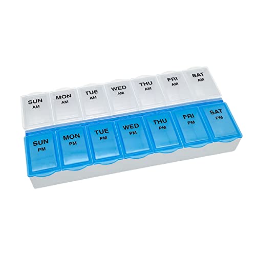 Amazon Basic Care 7-Day AM/PM Pill Organizer, Medication Planner with Large Compartments for Tablets, Blue and Clear Lids