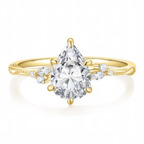 EAMTI 2CT Engagement Rings Pear Cut Wedding Teardrop Bridal Halo Nature Inspired Rings Cubic Zirconia Promise Bands for Women Travel Band 14K Gold Plated Size 6