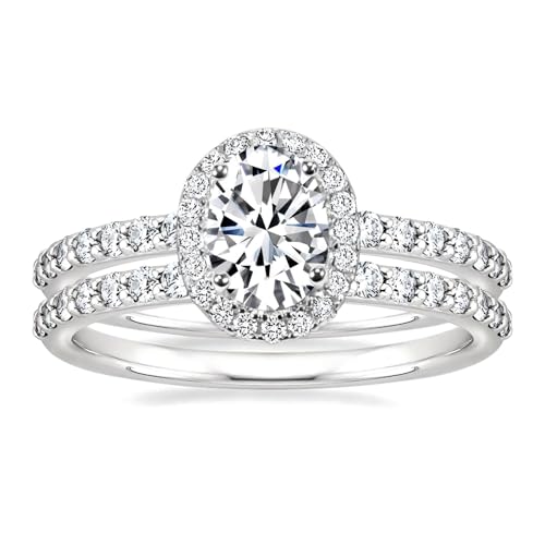 EAMTI 1.5CT Bridal Ring Sets Oval Cut CZ Promise Engagement Rings Halo Wedding Bands for Women Travel Silver Ring White Gold Plated Size 7
