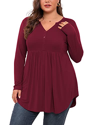 SHIJIALI Women's Plus Size Henley Shirts V Neck Button Tunic Tops Casual Long Sleeve Swing Flowy Blouse