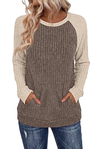 OFEEFAN Womens Fall Fashion Must Haves 2026 Long Sleeve Tops Oversized Sweaters Winter Clothing with Pocket Color Block Plus Size Tunic Sweatshrit Taupe 3XL