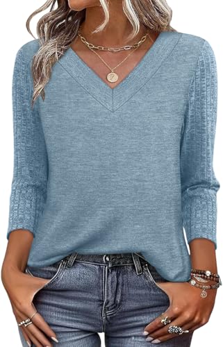 WIHOLL Plus Size Tops for Women Trendy Spring Clothes Outfits Summer Ladies Tops and Blouses 3/4 Length Sleeve Shirts 2026 V Neck Plus Size Womens Clothing Blue 3XL