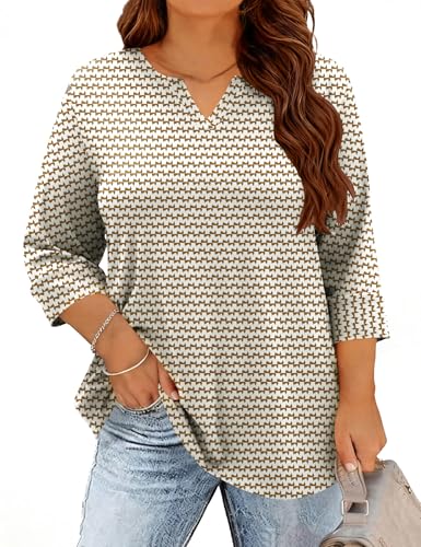 TFSDOD Plus Size Spring Clothes for Women 3/4 Sleeve Tunic Tops V Neck Ladies Tops and Blouses Dressy Casual Apricot Stripe 2XL