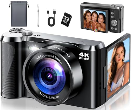 4K Digital Camera for Photography & Travel, 56MP Autofocus Point and Shoot Camera with 3'' 180° Flip Screen, 16X Zoom Compact Camera for Beginners, Content Creators, Teens (32GB Card)