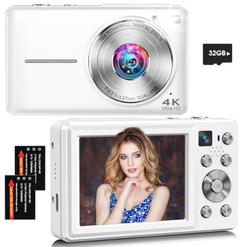 Digital Camera, 4K 64MP Autofocus 16X Zoom Camera with Dual Lens(White)