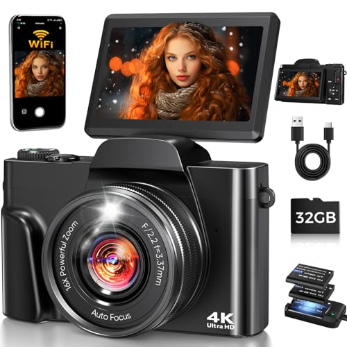 4K Digital Camera WiFi 180° Flip Screen Autofocus 64MP 16X Zoom, Black