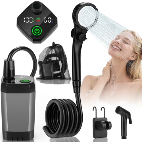 vignuto Portable Shower for Camping, Rechargeable Camping Shower kit with LED Display of Battery Level and Temperature, Lasting-150 Mins, Suitable for Outdoor Shower, Pet Bath, Car Washing