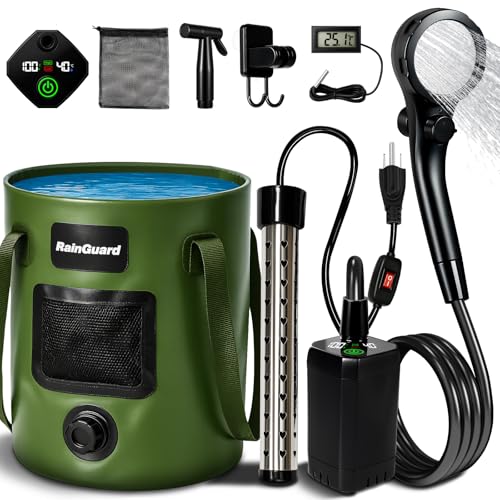 Motivekit™ Portable Camping Shower | 6.6 Gallons Foldable Bucket, 6000mAh Shower Pump, 6' 7" Shower Head, 1500W Immersion Heater, Summer Beach Outdoor Showering Hiking Pet Bath RV Car Wash Water Plant